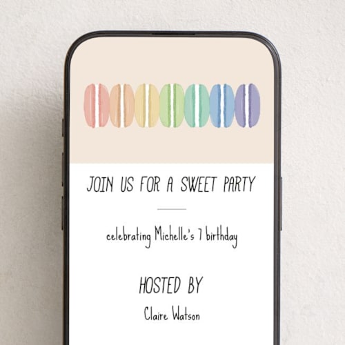 This is a almond online birthday invitations by Orasie called rainbow macaron printing on digital paper in standard