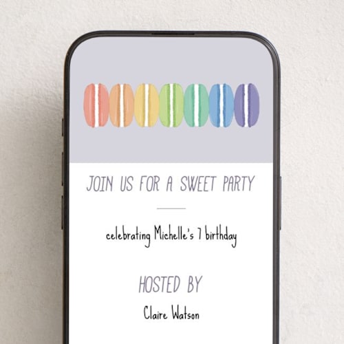 This is a lavender online birthday invitations by Orasie called rainbow macaron printing on digital paper in standard