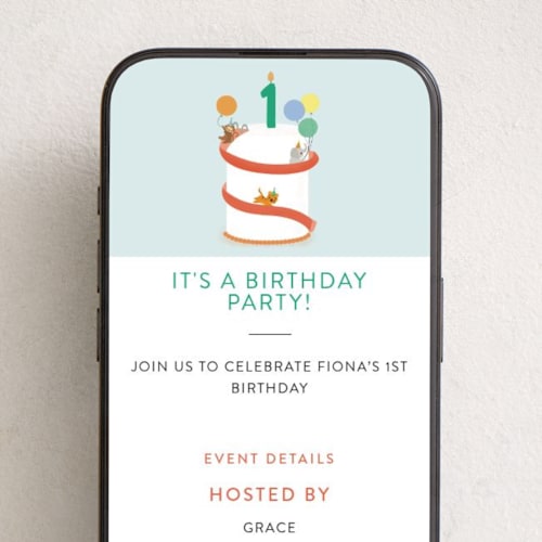 This is a aqua online birthday invitations by Itsy Belle Studio called party animal cake printing on digital paper in standard