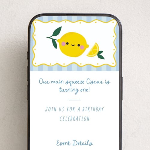 This is a blueberry online birthday invitations by Jennifer Lew called lemons printing on digital paper in standard