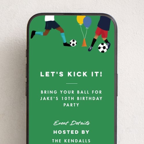 This is a grass online birthday invitations by Becky Nimoy called kick it soccer ball printing on digital paper in standard