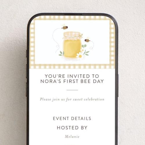 This is a honey online birthday invitations by Itsy Belle Studio called first bee day printing on digital paper in standard
