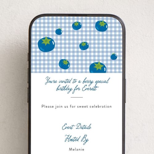 This is a blueberry online birthday invitations by Sarah Hawkins Designs called berry sweet printing on digital paper in standard