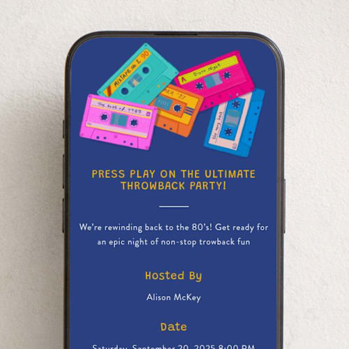 This is a electric indigo online invitations by Elisa Lara Campos called back to the 80s mixtape printing on digital paper in standard