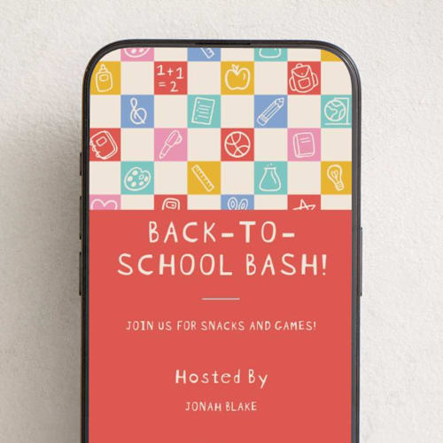 This is a rainbow online invitations by Noonday Design called back-to-school checkerboard printing on digital paper in standard
