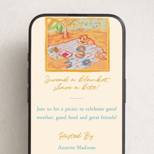 This is a golden hour online invitations by Sarah Rosenthal called spread a blanket, share a bite! printing on digital paper in standard