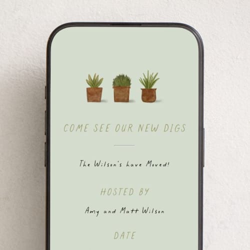 This is a mint online invitations by Sarah Hawkins Designs called new digs printing on digital paper in standard