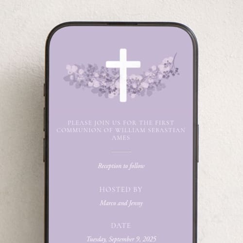 This is a lilac online invitations by Robert and Stella called classic communion wreath printing on digital paper in standard