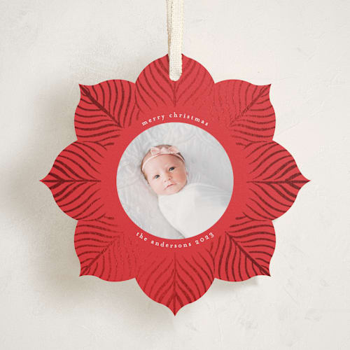 This is a poinsettia holiday card ornaments with foil pressed by Claudia Orengo called little flower printing on recycled smooth signature in ornament