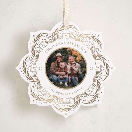 This is a snow holiday card ornaments with foil pressed by Becky Nimoy called bethlehem printing on recycled smooth signature in ornament