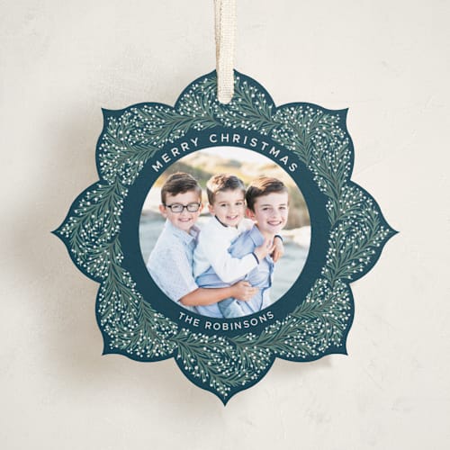 This is a wintermint holiday card ornaments with standard by Cindy Reynolds called juniper and berries printing on recycled smooth signature in ornament