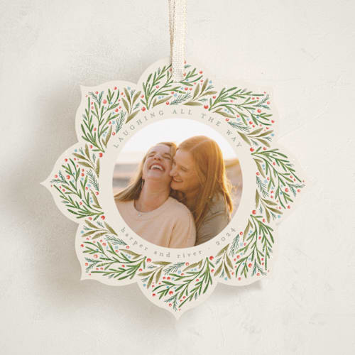This is a pudding holiday card ornaments with standard by Anastasia Makarova called gentle greenery printing on recycled smooth signature in ornament
