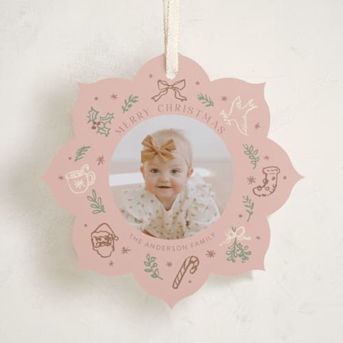 This is a dusty pink holiday card ornaments with standard by Cass Loh called festive doodles printing on recycled smooth signature in ornament