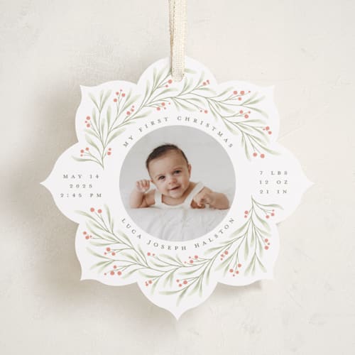 This is a holly berry holiday card ornaments with standard by Randi Cirelli called merry & new printing on recycled smooth signature in ornament