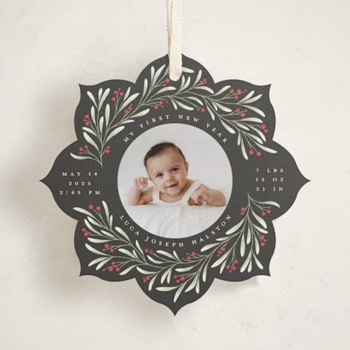 This is a coal holiday card ornaments with standard by Randi Cirelli called merry & new printing on recycled smooth signature in ornament