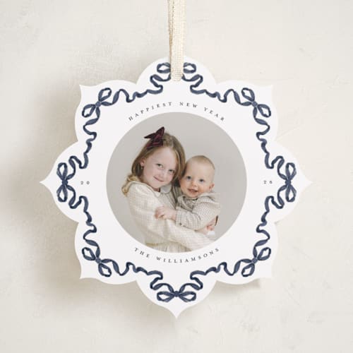 This is a blue spruce holiday card ornaments with standard by Jenna Holcomb called bow ornament printing on recycled smooth signature in ornament