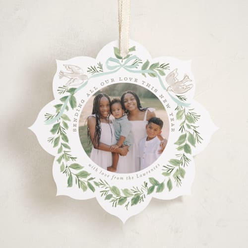 This is a wintermint holiday card ornaments with standard by Everett Paper Goods called wreath of doves printing on recycled smooth signature in ornament