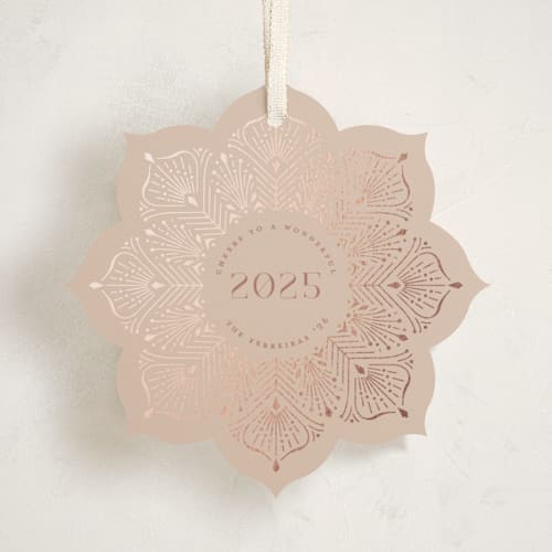 This is a winter rose holiday card ornaments with foil pressed by Ana de Sousa called poinsettia ornament printing on signature in ornament