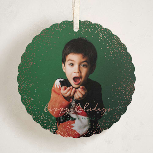 This is a evergreen holiday card ornaments with foil pressed by Sara Hicks Malone called snowdrift printing on recycled smooth signature in ornament