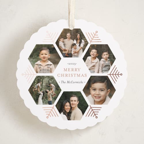 This is a chestnut holiday card ornaments with foil pressed by Beth Schneider called hexagon holiday printing on recycled smooth signature in ornament