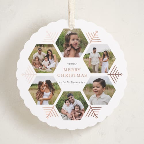 This is a chestnut holiday card ornaments with foil pressed by Beth Schneider called hexagon holiday printing on recycled smooth signature in ornament