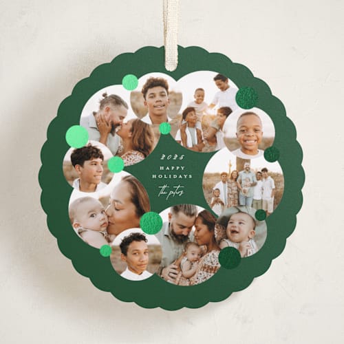 This is a evergreen holiday card ornaments with foil pressed by Lori Wemple called multi wreath printing on recycled smooth signature in ornament