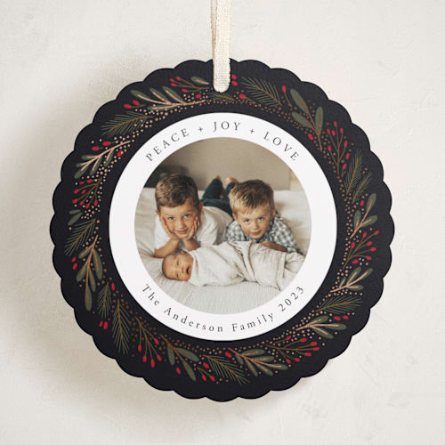 This is a onyx holiday card ornaments with foil pressed by JeAnna Casper called wreath printing on recycled smooth signature in ornament