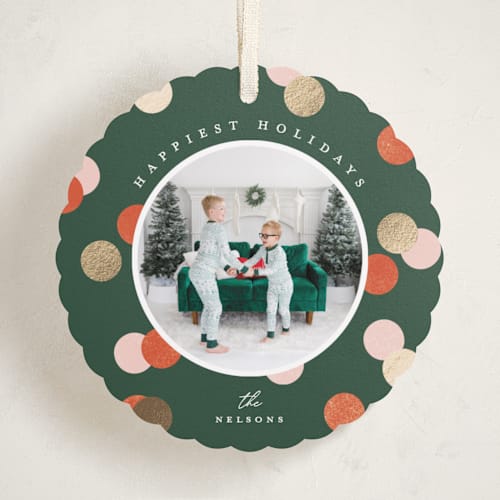This is a fruitcake holiday card ornaments with foil pressed by Pixel and Hank called happiest dots printing on recycled smooth signature in ornament