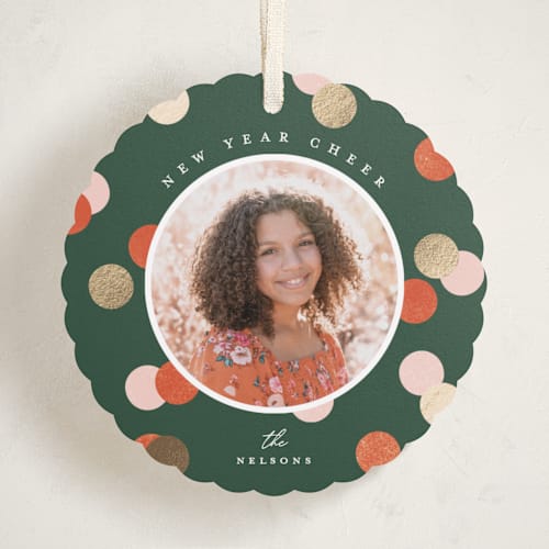 This is a fruitcake holiday card ornaments with foil pressed by Pixel and Hank called happiest dots printing on recycled smooth signature in ornament