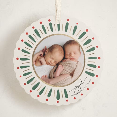This is a holly holiday card ornaments with foil pressed by Antonia Jae Krajicek called painted wreath gilded printing on recycled smooth signature in ornament