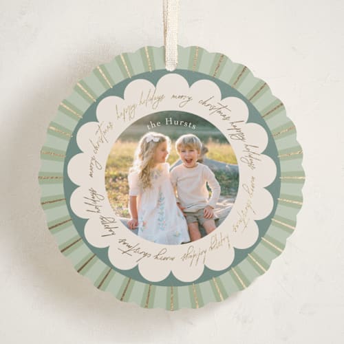 This is a evergreen holiday card ornaments with foil pressed by Kelly Williams called scalloped circle printing on recycled smooth signature in ornament