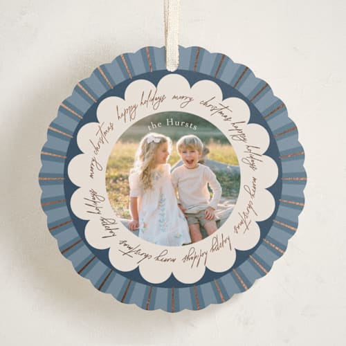 This is a midnight holiday card ornaments with foil pressed by Kelly Williams called scalloped circle printing on recycled smooth signature in ornament