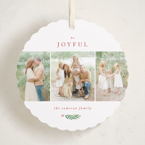 This is a berry holiday card ornaments with standard by Kelly Schmidt called be joyful printing on recycled smooth signature in ornament