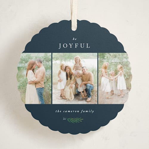 This is a navy holiday card ornaments with standard by Kelly Schmidt called be joyful printing on recycled smooth signature in ornament