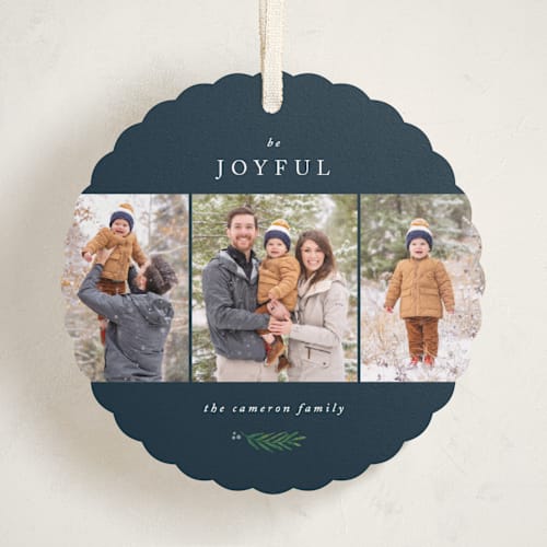 This is a navy holiday card ornaments with standard by Kelly Schmidt called be joyful printing on recycled smooth signature in ornament