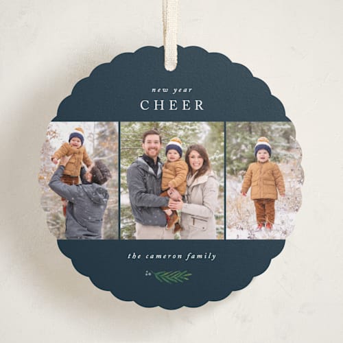 This is a navy holiday card ornaments with standard by Kelly Schmidt called be joyful printing on recycled smooth signature in ornament