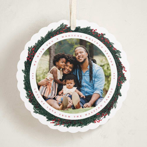 This is a holly berry holiday card ornaments with standard by Gwen Bedat called blooming pine printing on recycled smooth signature in ornament
