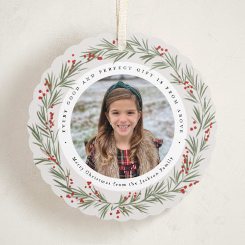 This is a slate holiday card ornaments with standard by Everett Paper Goods called full wreath printing on recycled smooth signature in ornament