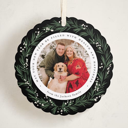 This is a coal holiday card ornaments with standard by Everett Paper Goods called full wreath printing on recycled smooth signature in ornament
