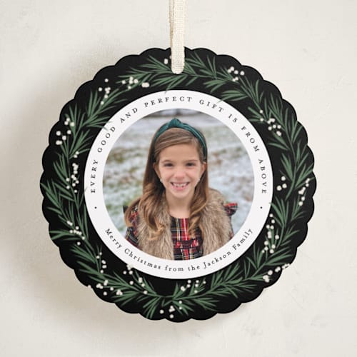 This is a coal holiday card ornaments with standard by Everett Paper Goods called full wreath printing on recycled smooth signature in ornament
