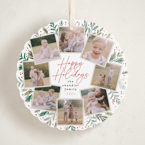 This is a snowfall holiday card ornaments with standard by Alethea and Ruth called pine wreath printing on recycled smooth signature in ornament