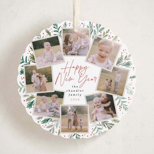 This is a snowfall holiday card ornaments with standard by Alethea and Ruth called pine wreath printing on recycled smooth signature in ornament