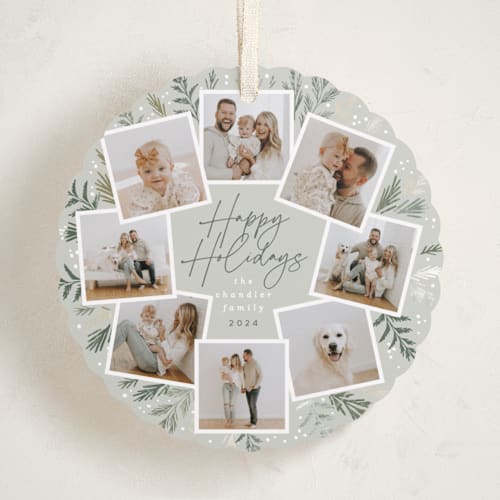 This is a pebble holiday card ornaments with standard by Alethea and Ruth called pine wreath printing on recycled smooth signature in ornament