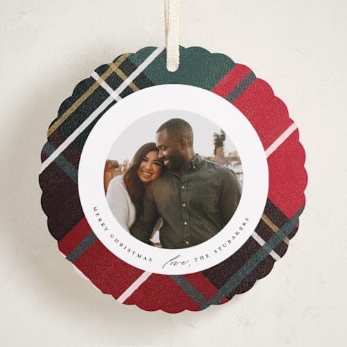 This is a festive holiday card ornaments with standard by Rebecca Durflinger called classic christmas plaid printing on recycled smooth signature in ornament