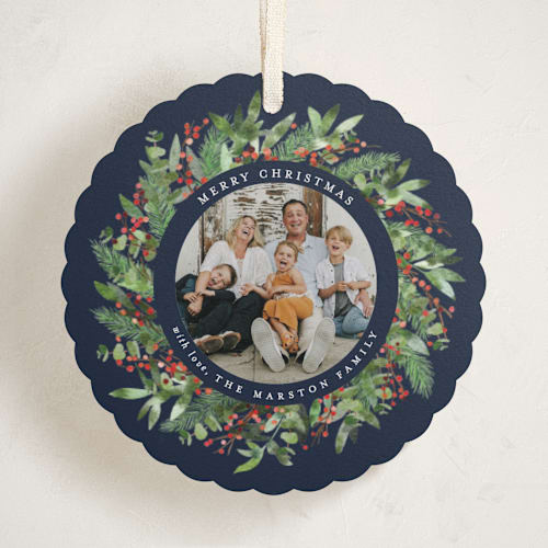 This is a night holiday card ornaments with standard by Brooke Chandler called christmas wreath printing on recycled smooth signature in ornament