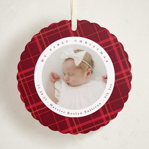 This is a rose holiday card ornaments with standard by Hudson meet Rose called first christmas printing on recycled smooth signature in ornament