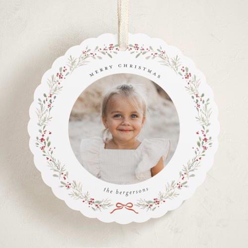 This is a holly berry holiday card ornaments with standard by Itsy Belle Studio called evergreen wreath printing on recycled smooth signature in ornament