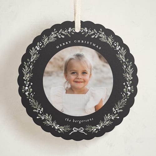This is a coal holiday card ornaments with standard by Itsy Belle Studio called evergreen wreath printing on recycled smooth signature in ornament