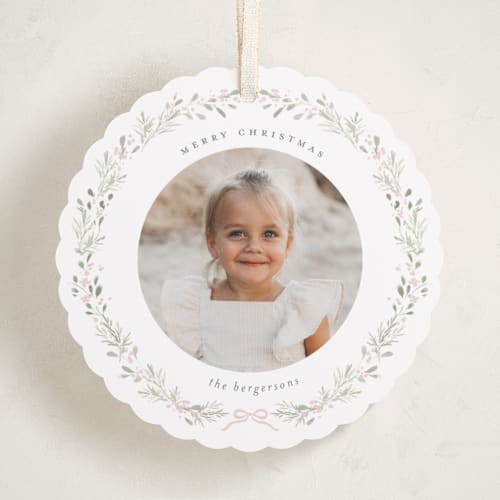 This is a ballet slipper holiday card ornaments with standard by Itsy Belle Studio called evergreen wreath printing on recycled smooth signature in ornament