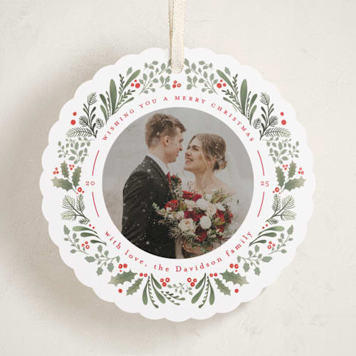 This is a holly berry holiday card ornaments with standard by Mansi Verma called ornament wreathe printing on recycled smooth signature in ornament